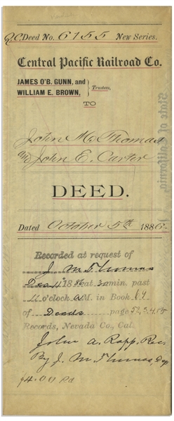 Leland Stanford Deed Signed in 1886 as President of the Central Pacific Railroad Company
